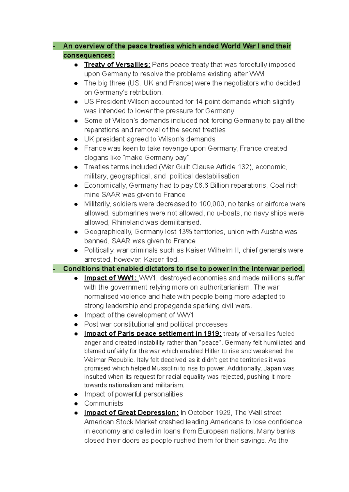 WWI Peace Treaties & Rise of Dictatorships: A Study Guide (HIST 101 ...