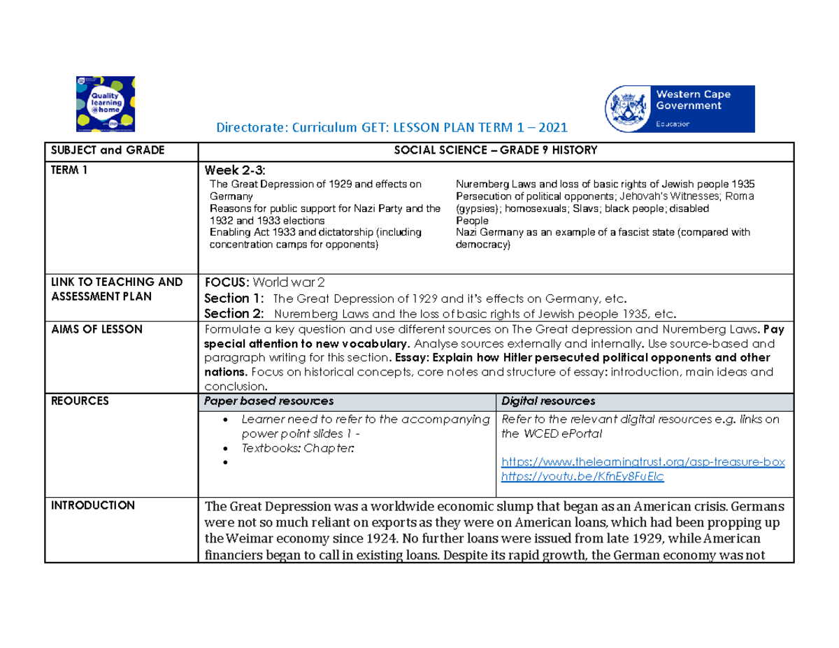 Lesson Plan SP Grade 9 SS History T1 W2: The Great Depression & Nazi ...