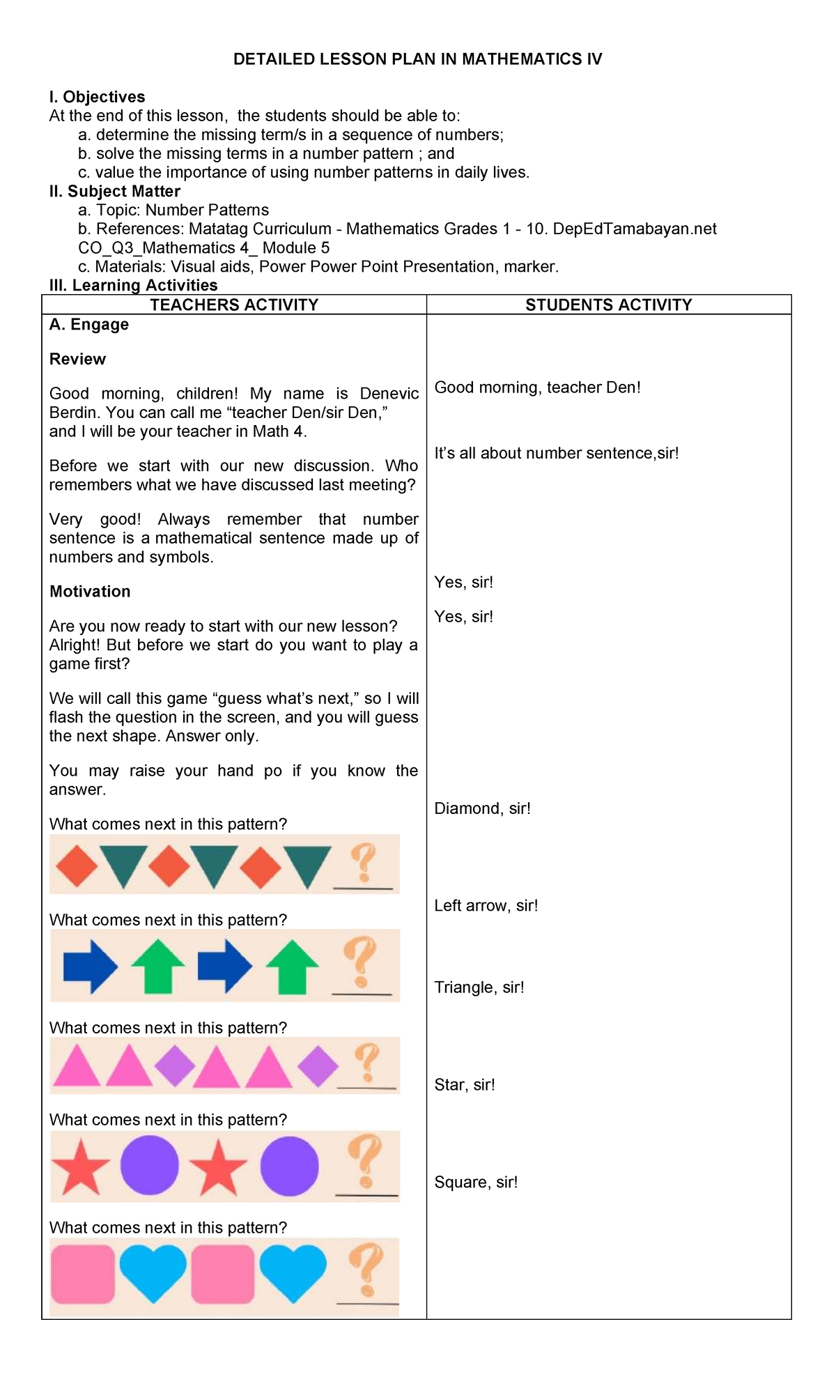 Detailed Lesson Plan on Number Patterns for Mathematics IV - Studocu
