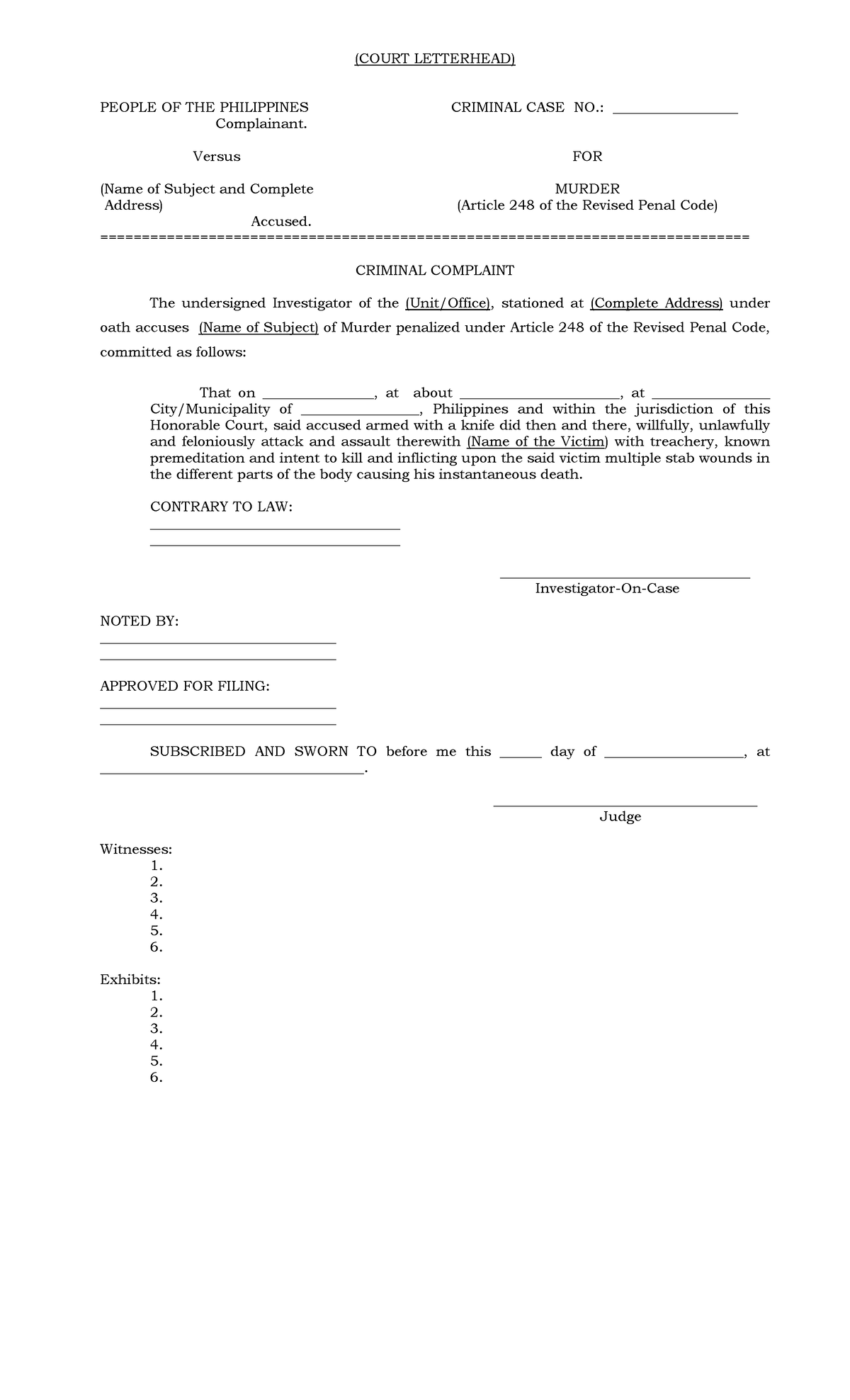 Criminal Complaint Formats for Various Offenses (CRIM LAW) - Studocu