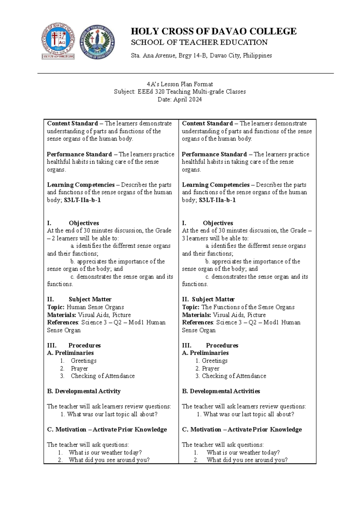 320 Teaching Classes: Multigrade Lesson Plan on Human Sense Organs ...