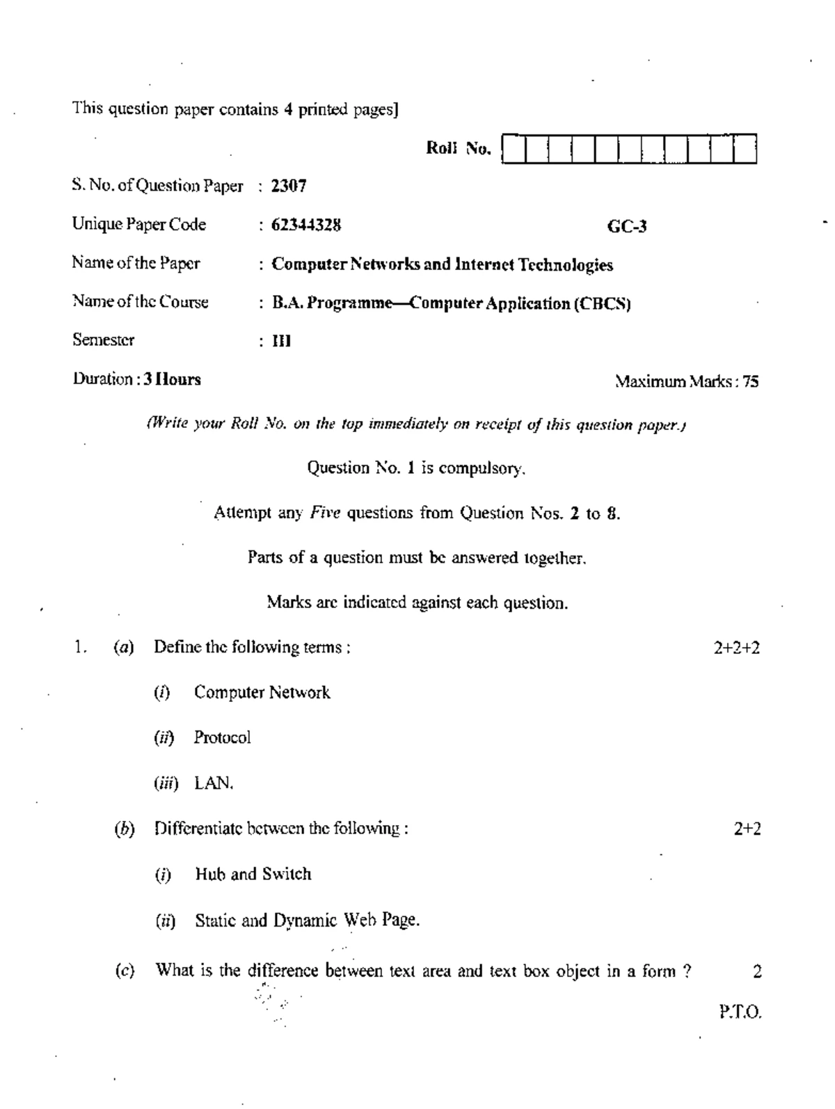 CSPT 505: B.Sc. Computer Networks Question Paper - Semester V (8352 ...