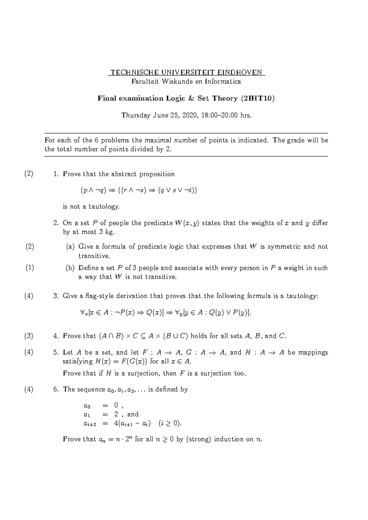 Final Exam Logic & Set Theory (2IHT10) - June 25, 2020 - Studeersnel