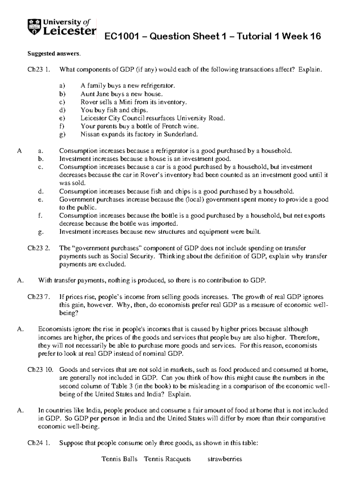 EC1001 – Question Sheet 1 & 2: Tutorial Answers and Analysis - Studocu
