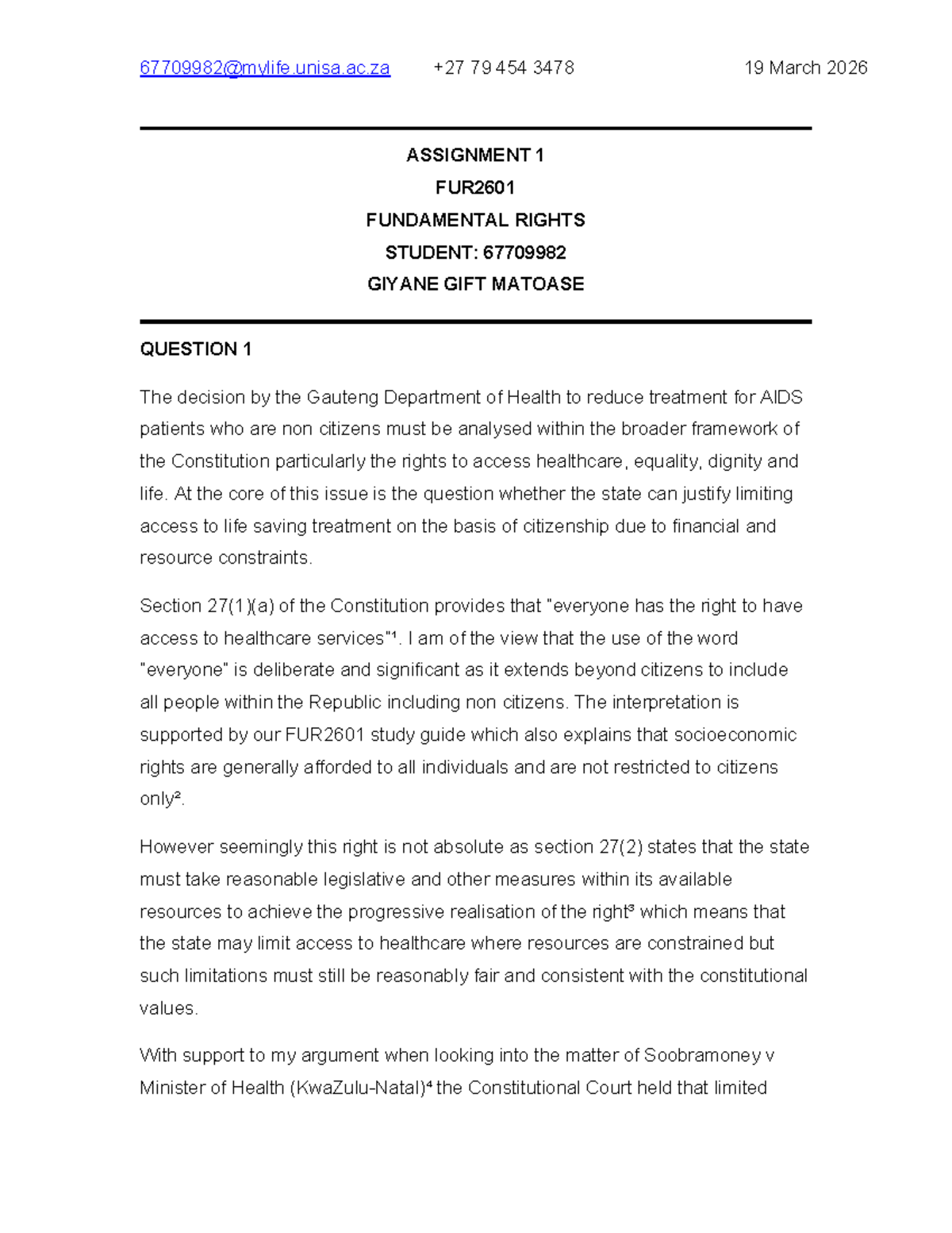 FUR2601 Assignment 1: Analysis of Fundamental Rights in Healthcare ...