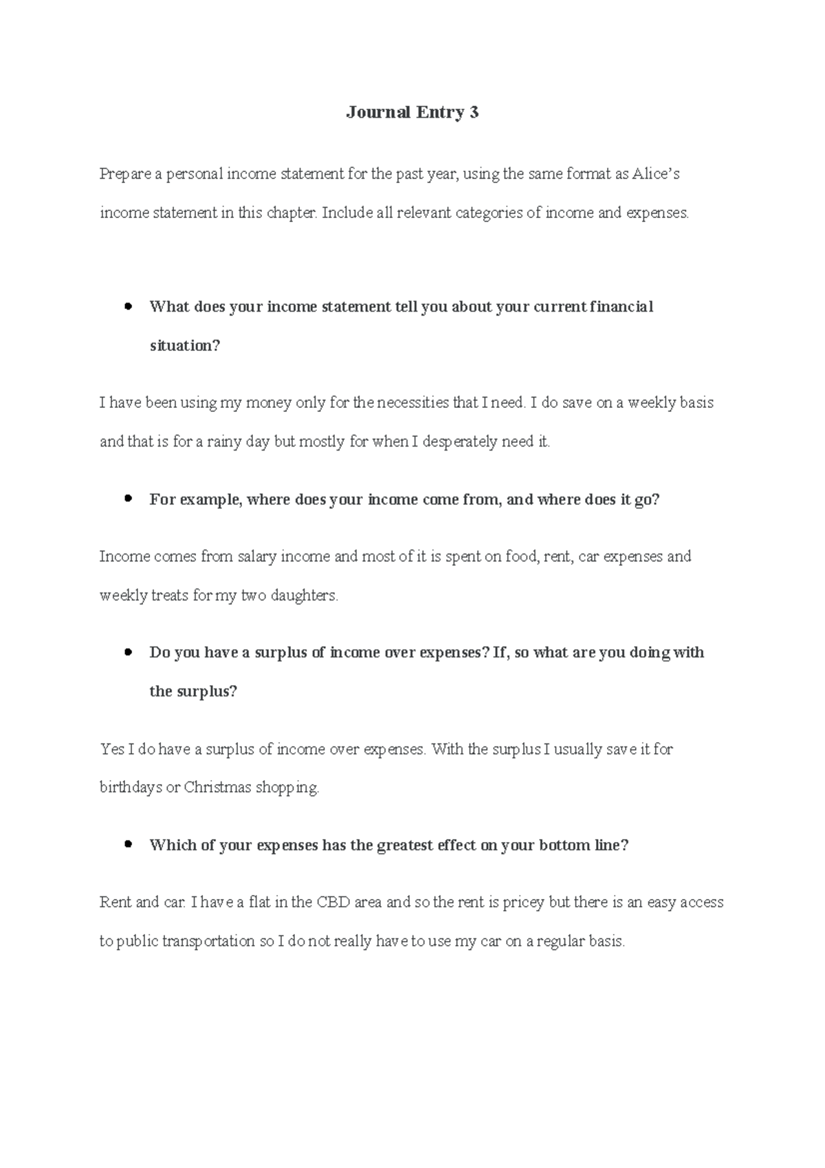 Personal Income Statement - Journal Entry 3 Analysis - Studocu