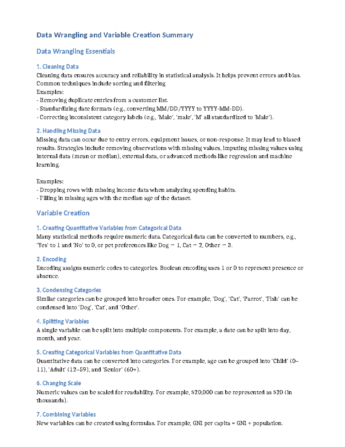 Data Wrangling Essentials: Techniques & Variable Creation Summary - Studocu