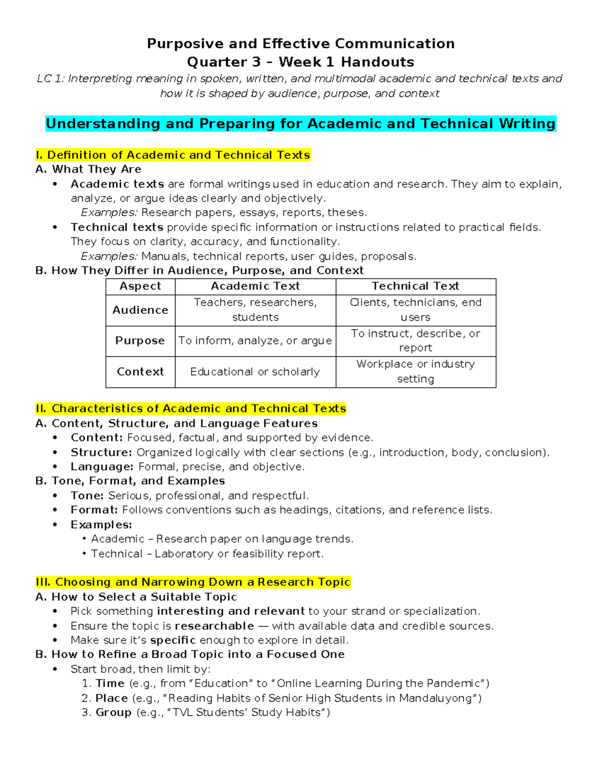 Purposive and Effective Communication Q3 W1 Handouts: Academic ...