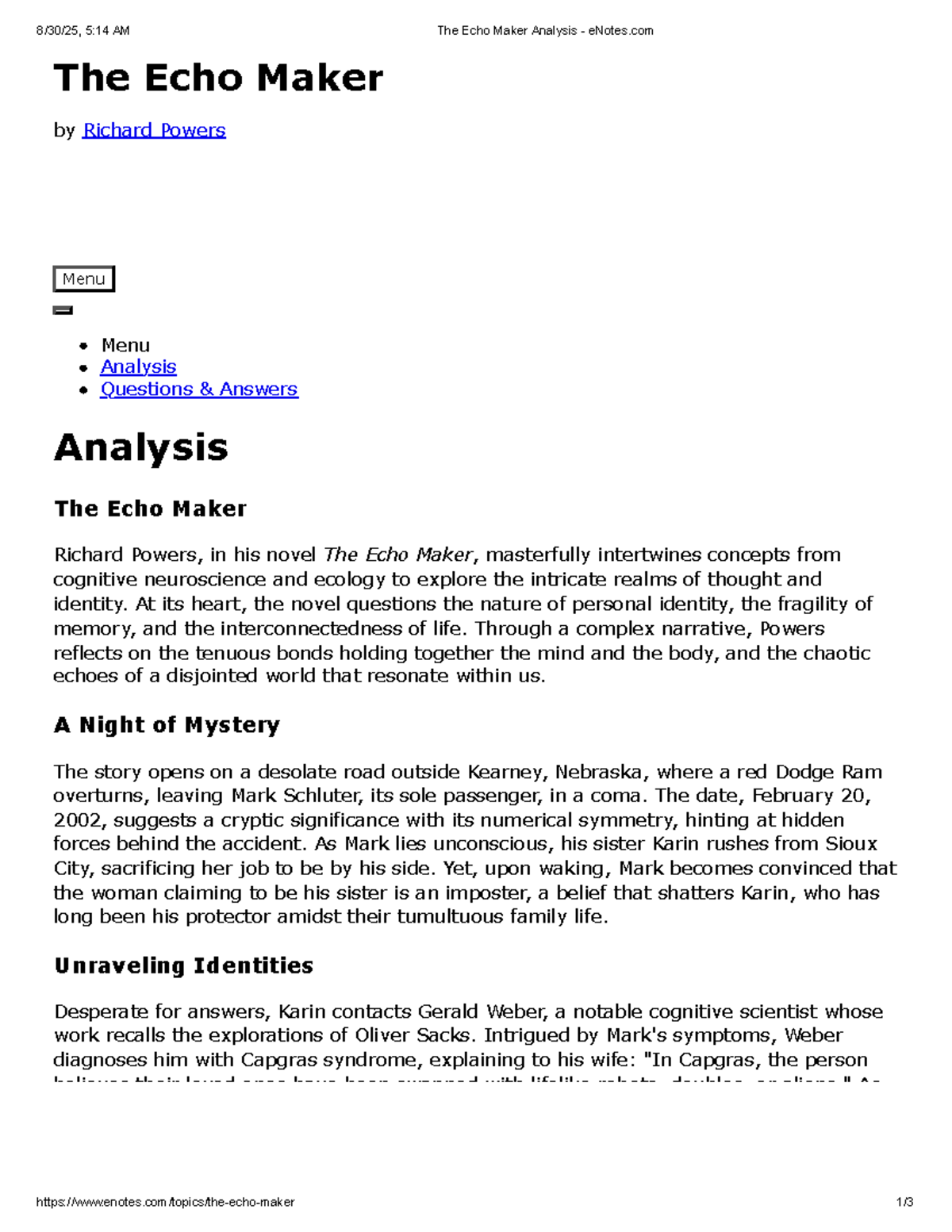 The Echo Maker Analysis (ENG 101) - Exploring Identity and Memory - Studocu