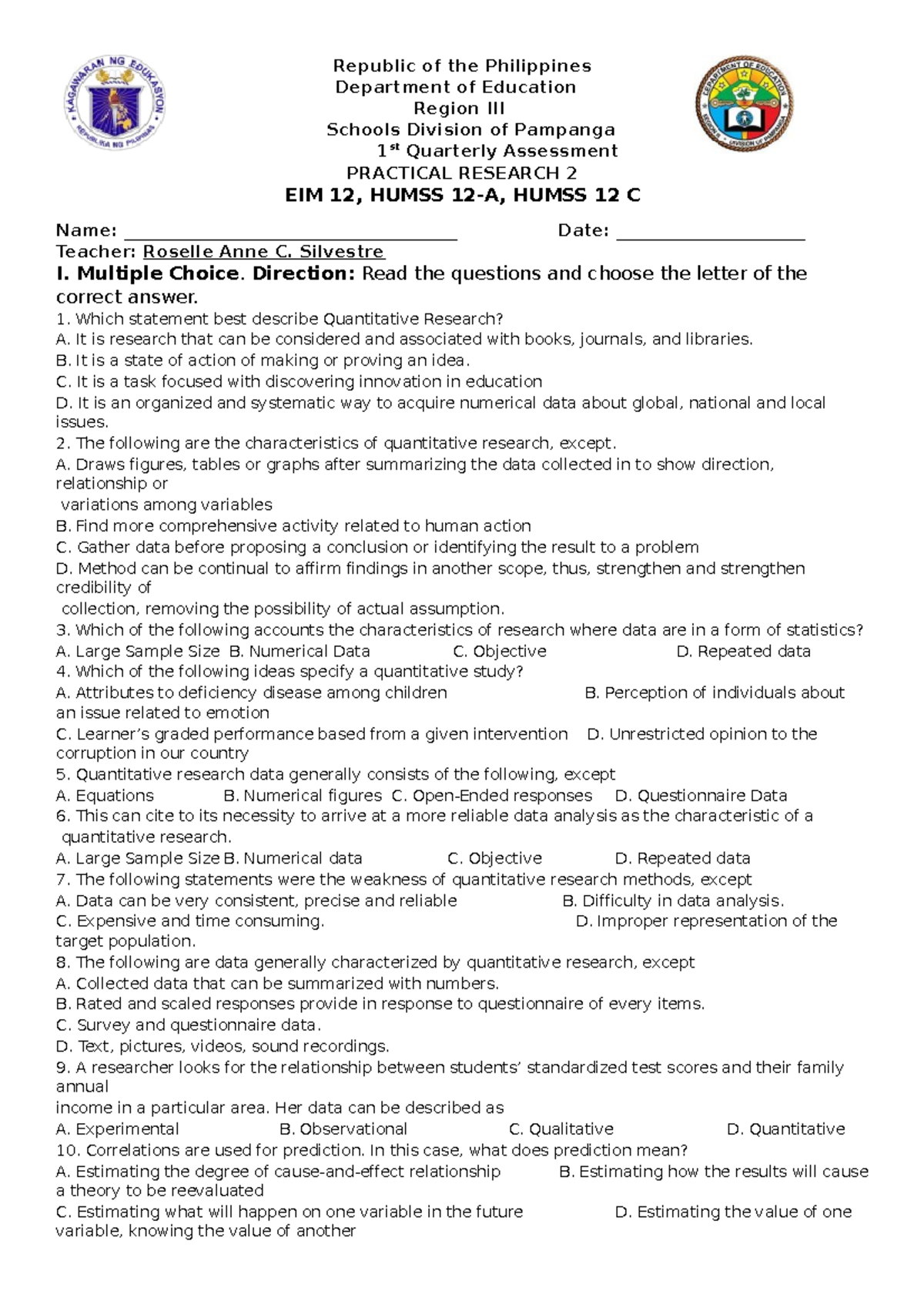 PR2 1st Quarter Assessment - Practical Research 2 Exam Questions - Studocu