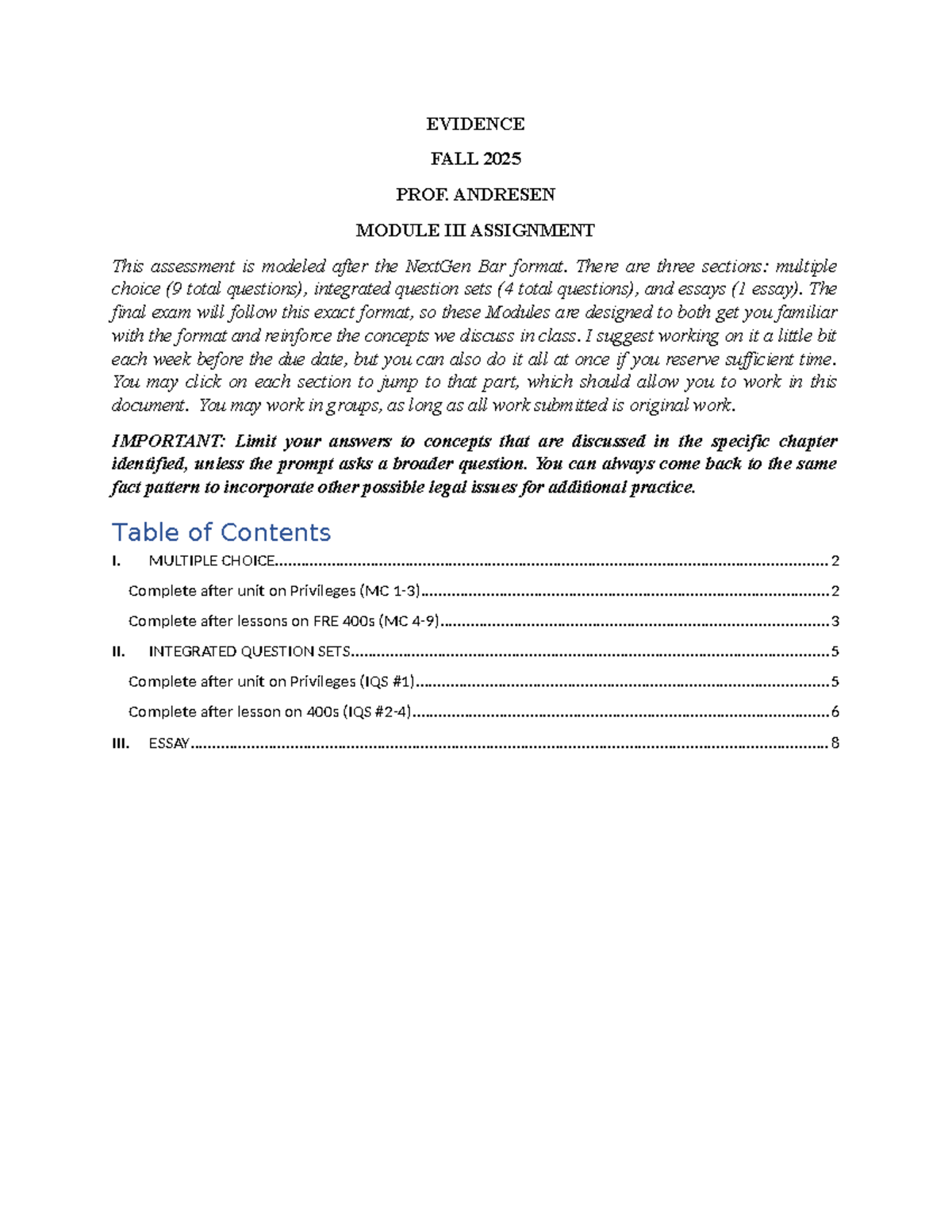 EVIDENCE FALL 2025 MODULE III ASSIGNMENT - STUDENT VERSION - Studocu