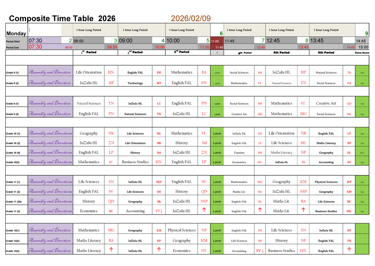 Composite Time Table 2026 (Final) for Grades 8-12 - Studocu
