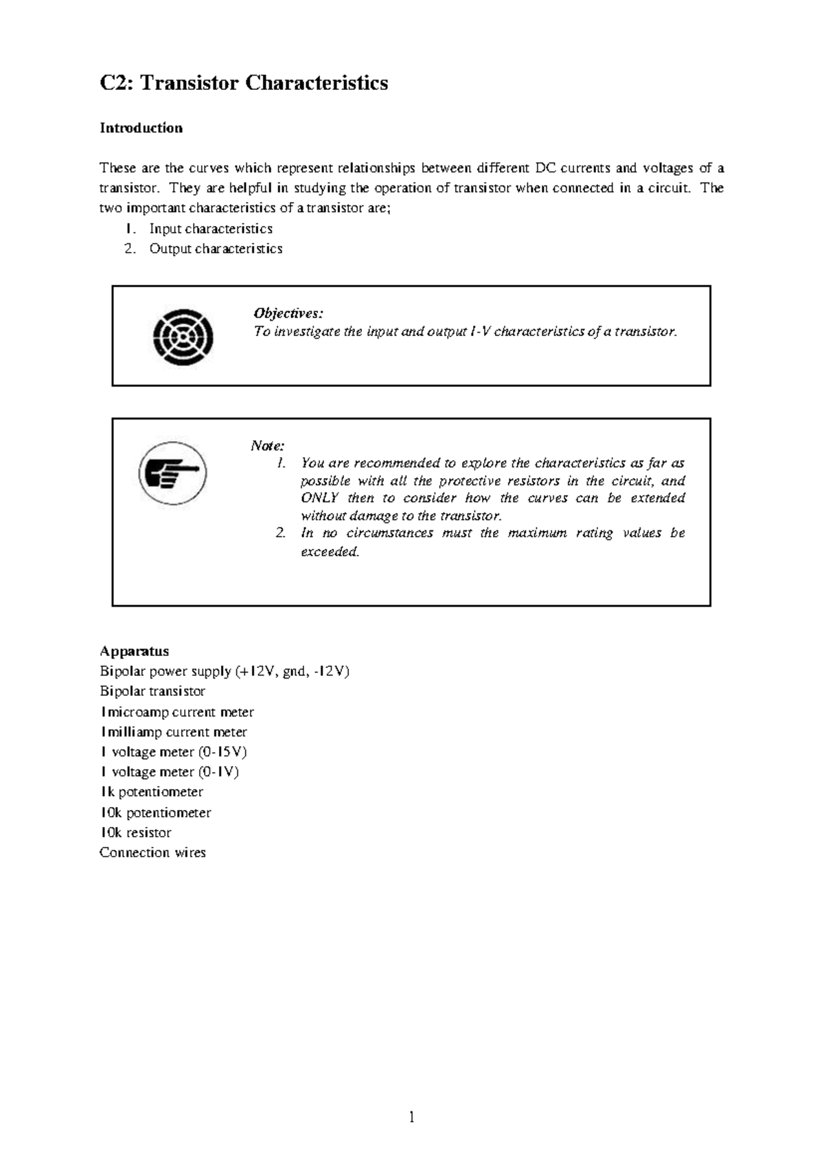 Lab Manual: C2 Transistor Characteristics by Nyongesa F. W - Studocu