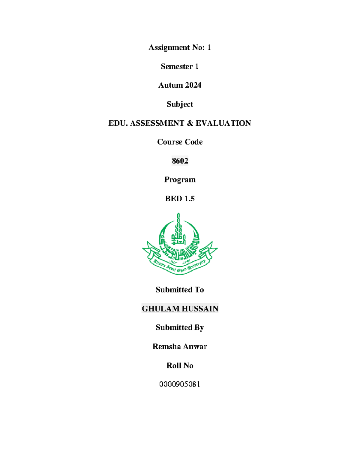 EDU 8602: Role of Assessment in Teaching & Learning - Assignment 1 ...