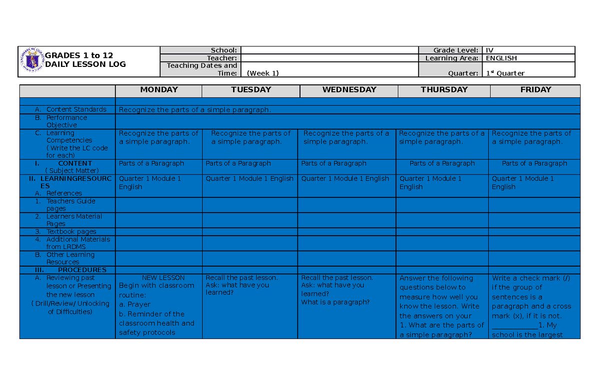 DLL WEEK 1 ENG - Parts of a Simple Paragraph Lesson Plan - Studocu