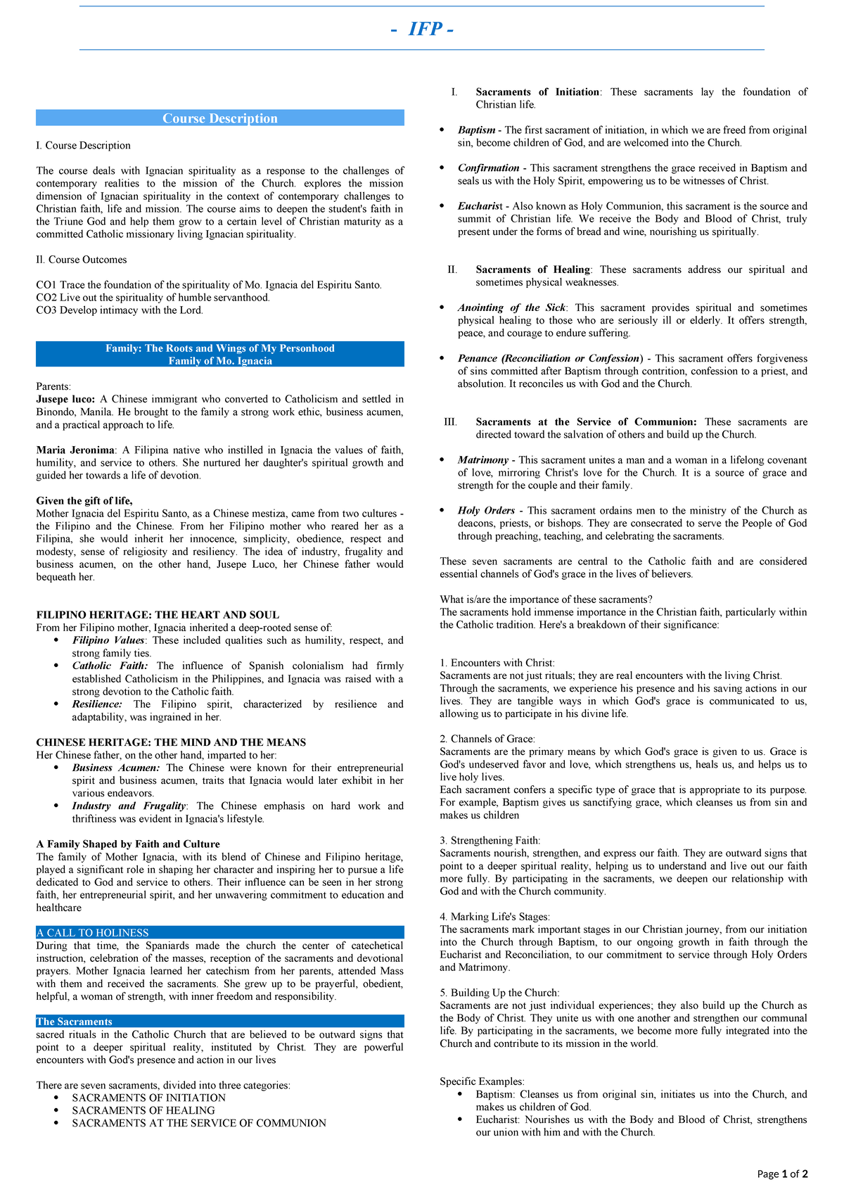 IFP Prelim w parents - IFP - Course Description I. Course Description ...
