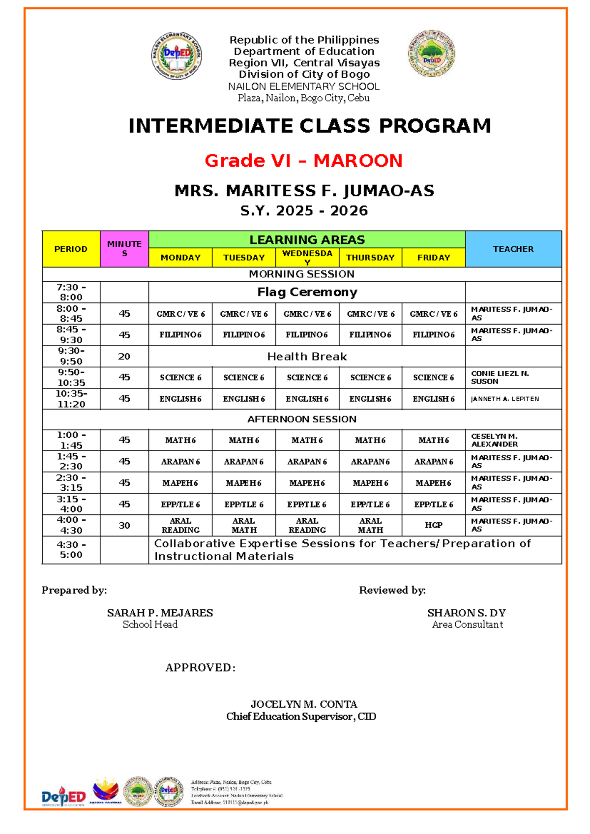 Grade VI Maroon Class Program S.Y. 2025-2026 - Studocu
