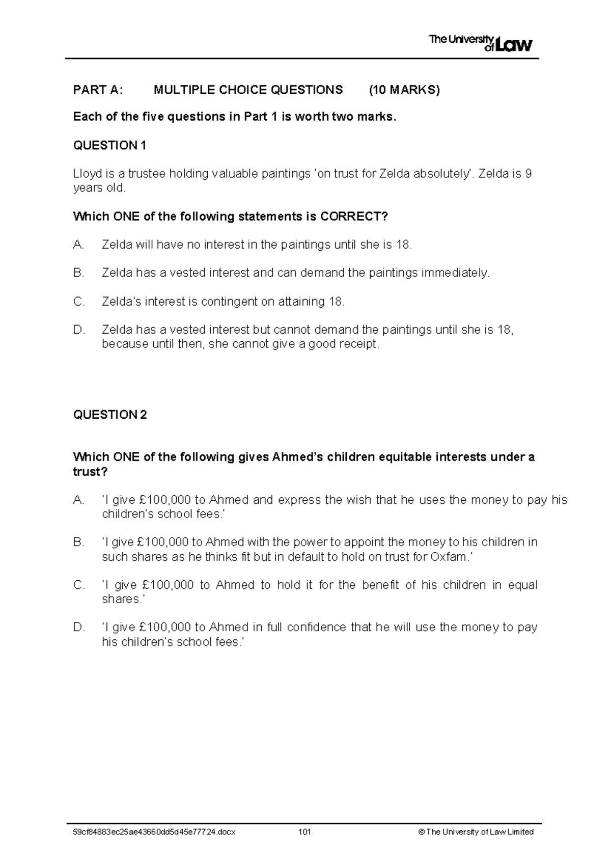 MOCK Exam Notes - EQUITY & TRUSTS Key Concepts and Questions - Studocu