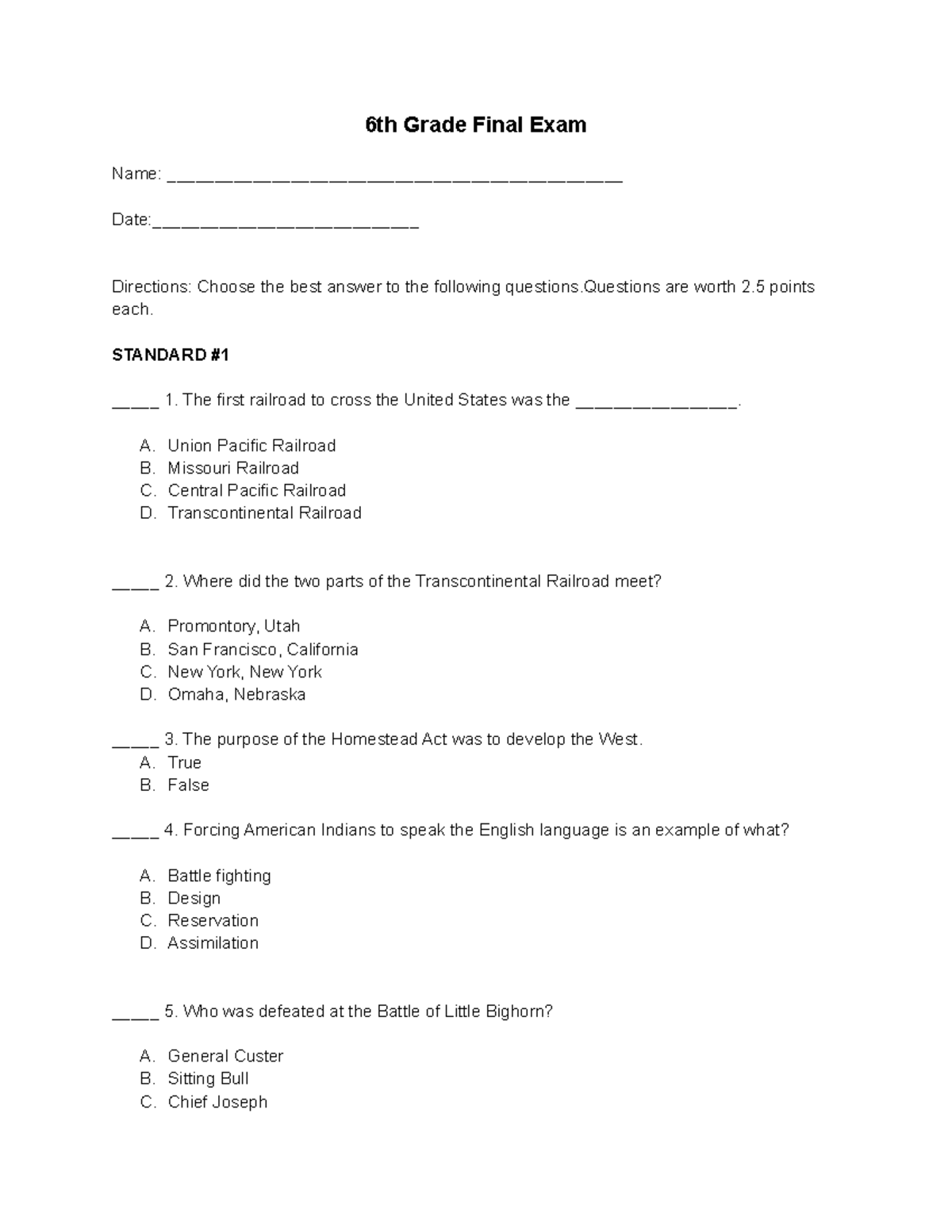 6th Grade Final Exam - US History MC Questions and Answers - Studocu