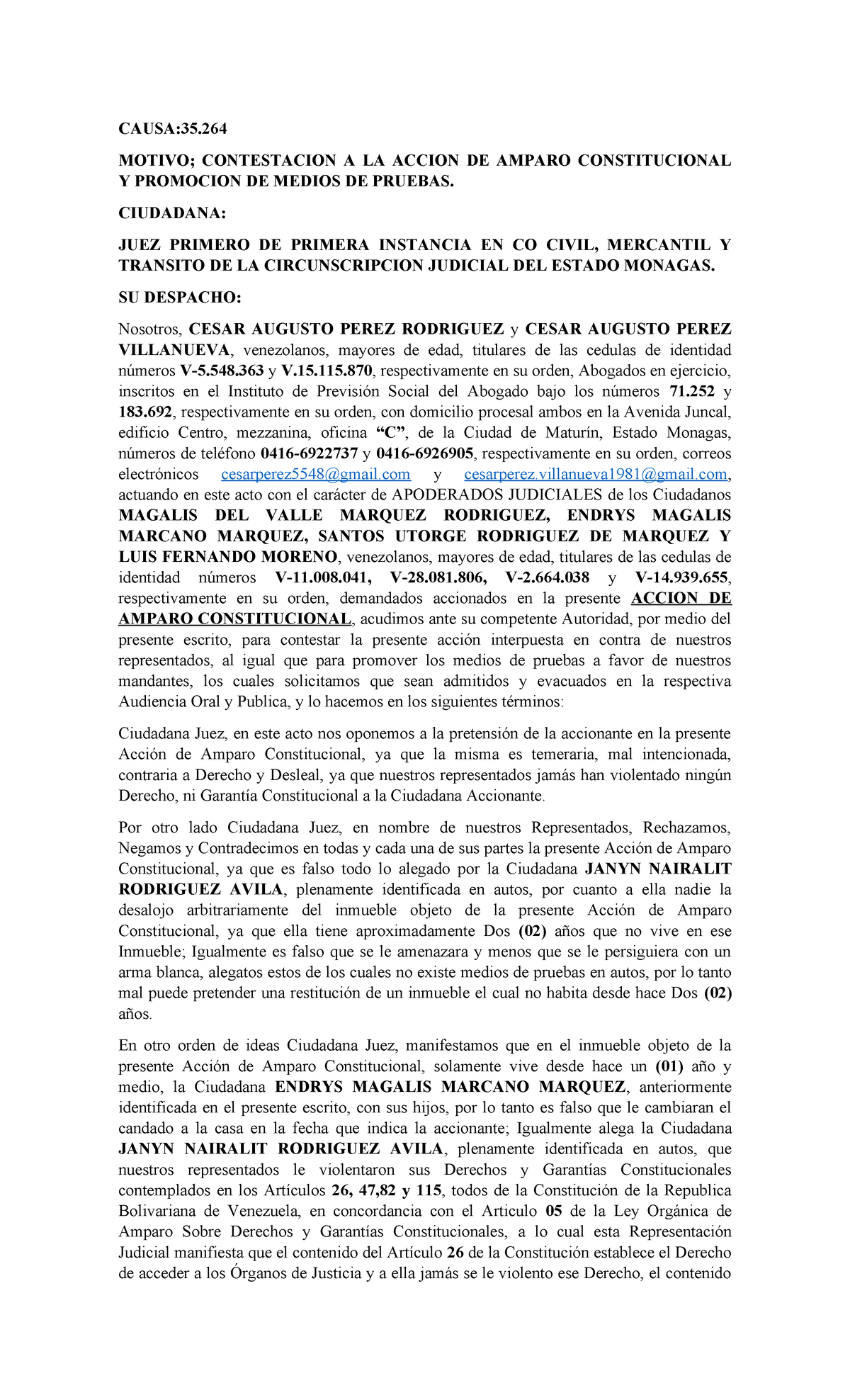CAUSA: 35.264 CONTESTACION A LA ACCION DE AMPARO CONSTITUCIONAL - Studocu