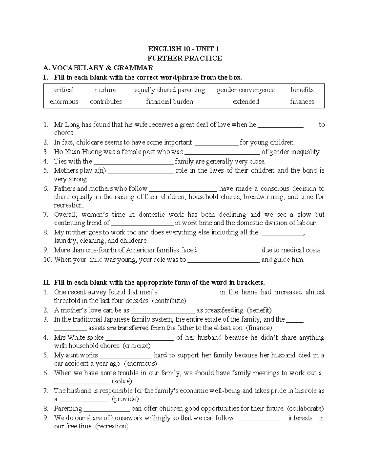 Further practice (1.5 period) - ENGLISH 10 - UNIT 1 FURTHER PRACTICE A ...