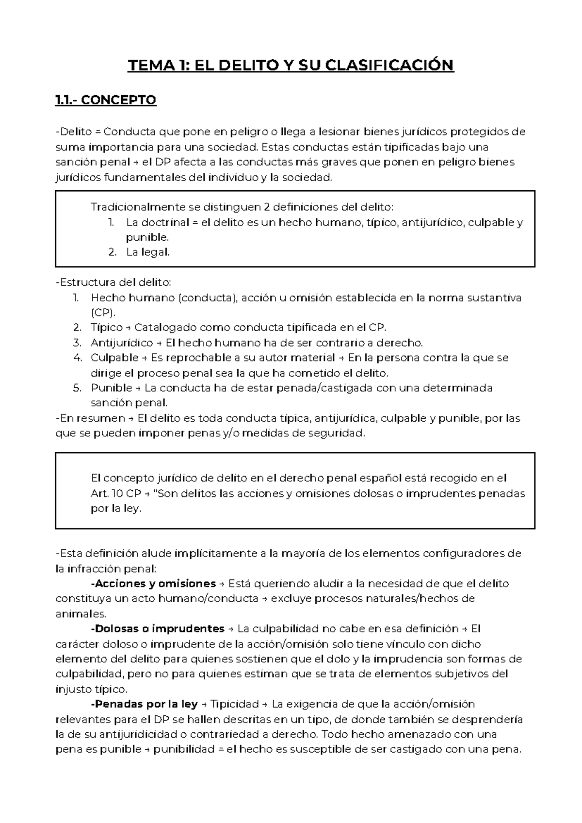 Resumen T1: Teoría del Delito y su Clasificación en Derecho Penal - Studocu