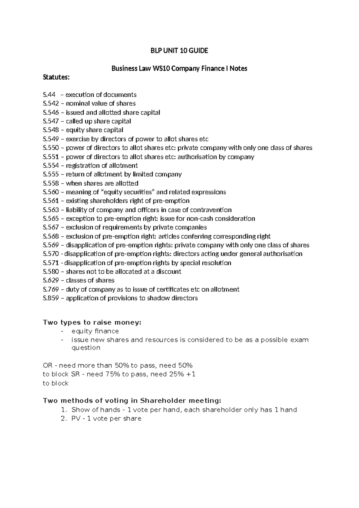 BLP WS10 Unit 10 Guide: Company Finance & Share Allotment Notes - Studocu