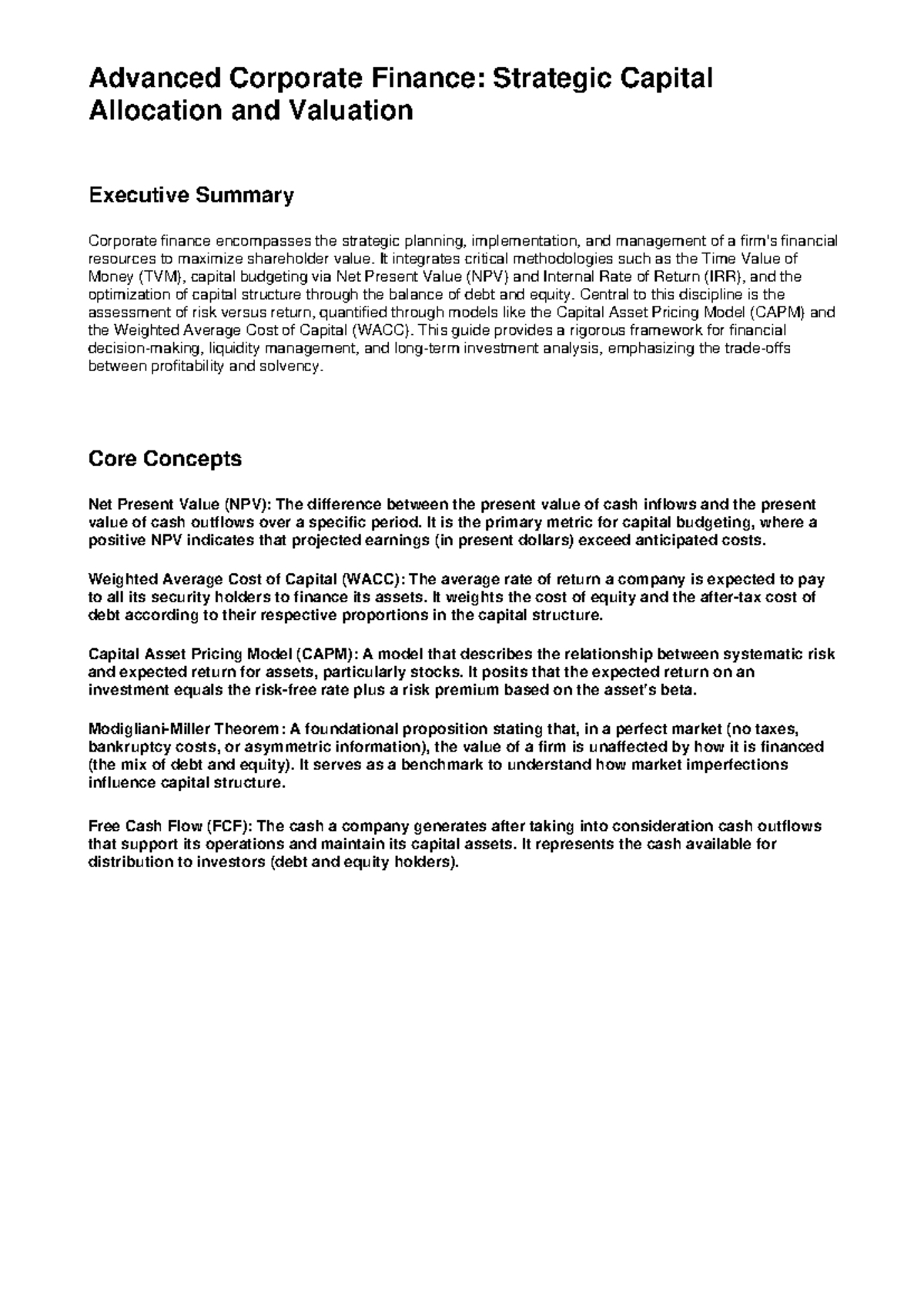 Advanced Corporate Finance: Strategic Capital Allocation & Valuation ...