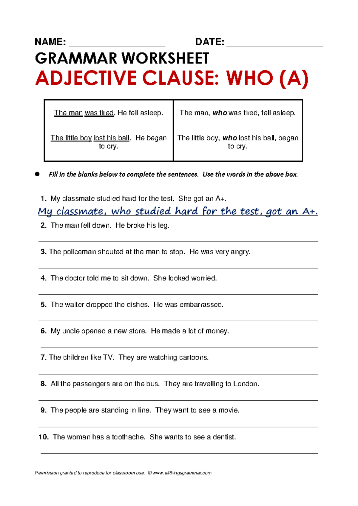 Atg Grammar Worksheet: Adjective Clause 