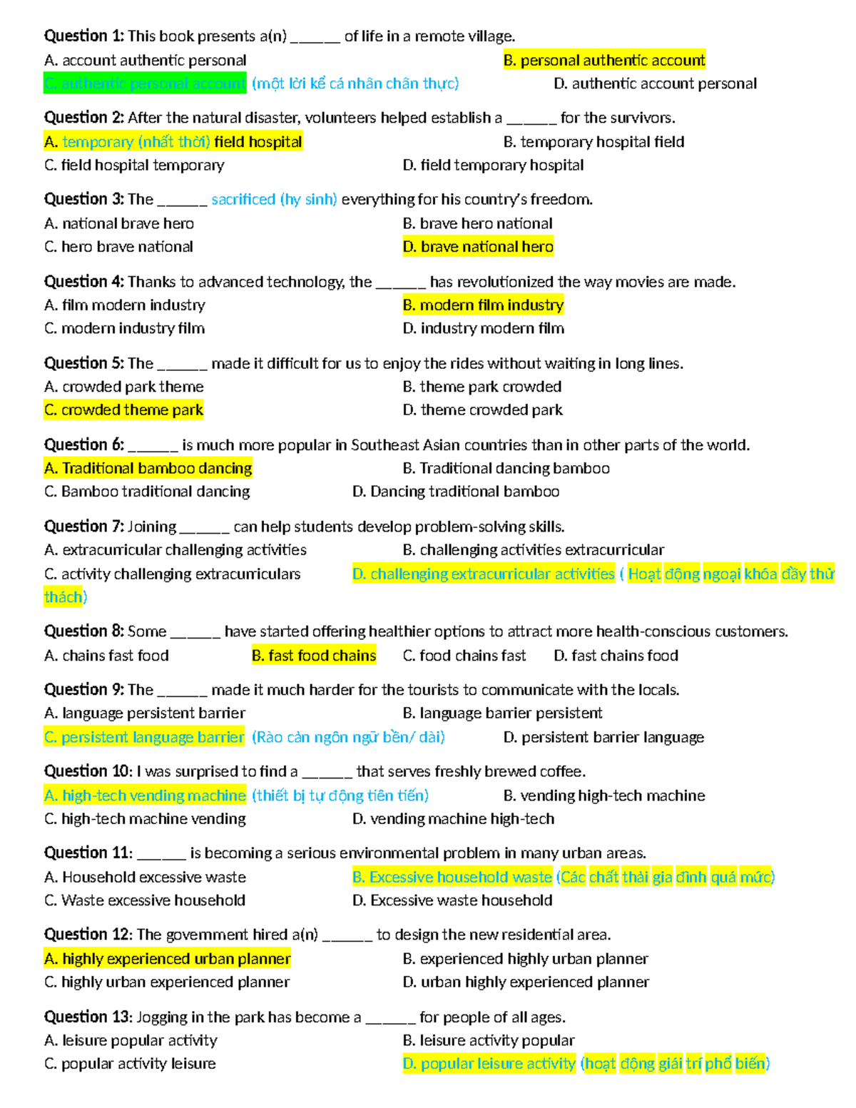 English Language Quiz Questions for Course 11-9 - Studocu