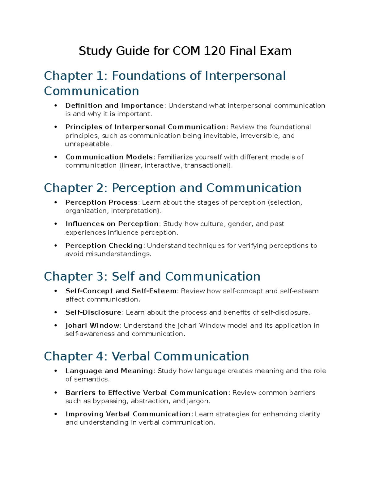 COM 120 Final Exam Study Guide: Interpersonal Communication Concepts ...