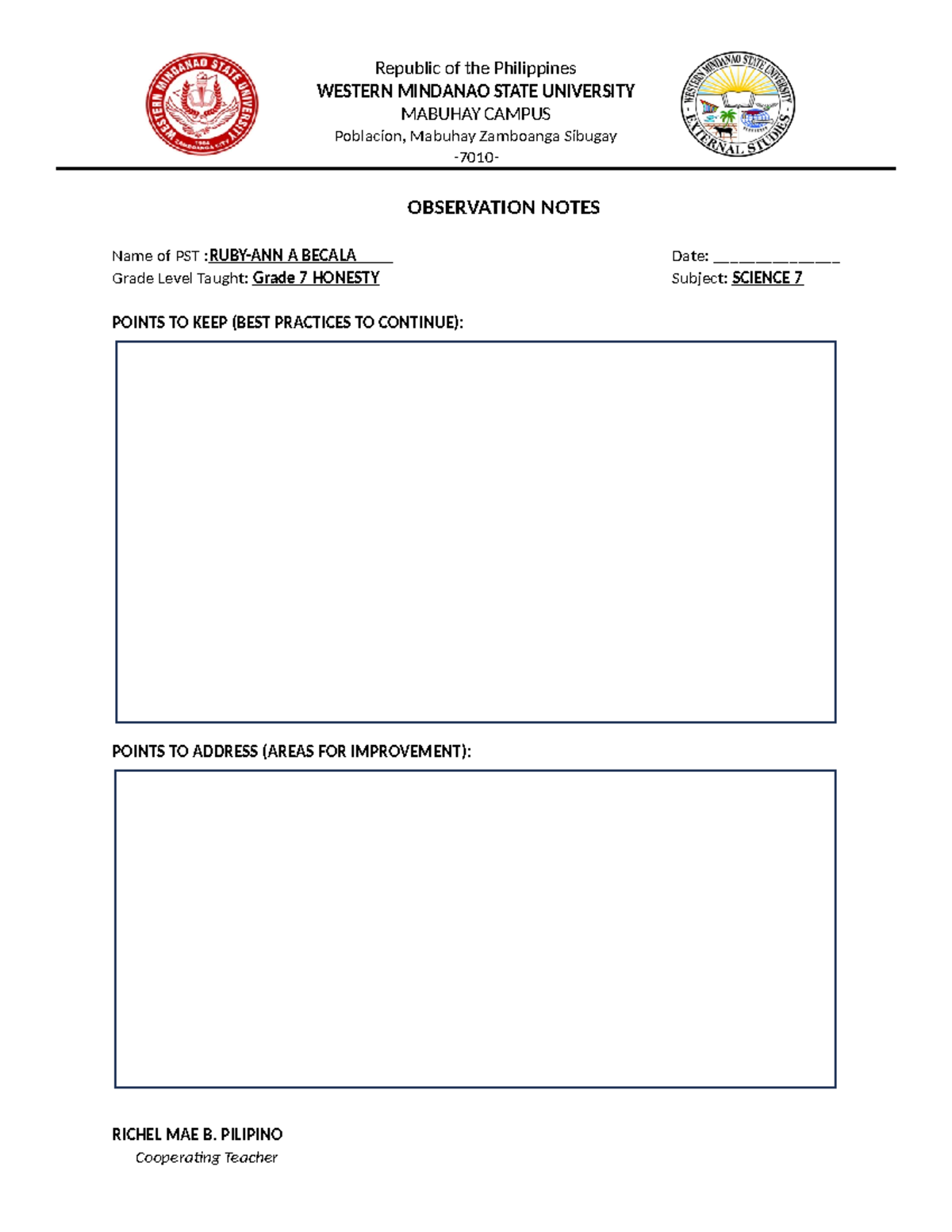 Observation- Notes - Bachelor of Secondary Education 1 - Republic of ...