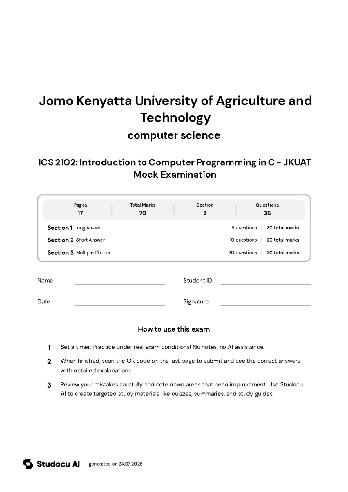 ICS 2102: C Programming Mock Exam - JKUAT - Studocu
