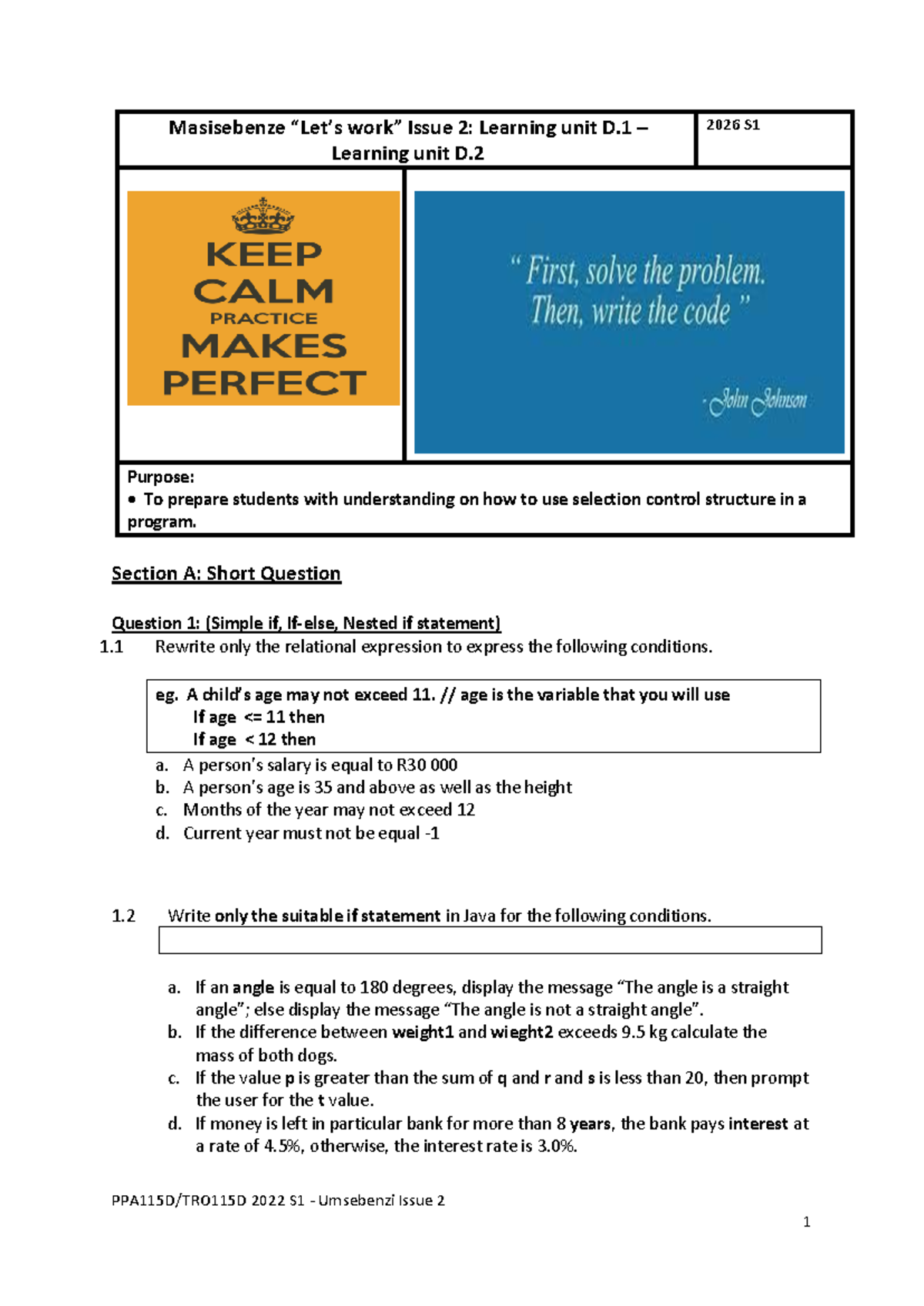 PPA115D-TRO115D Issue 2: Java Selection Control Structures - Studocu
