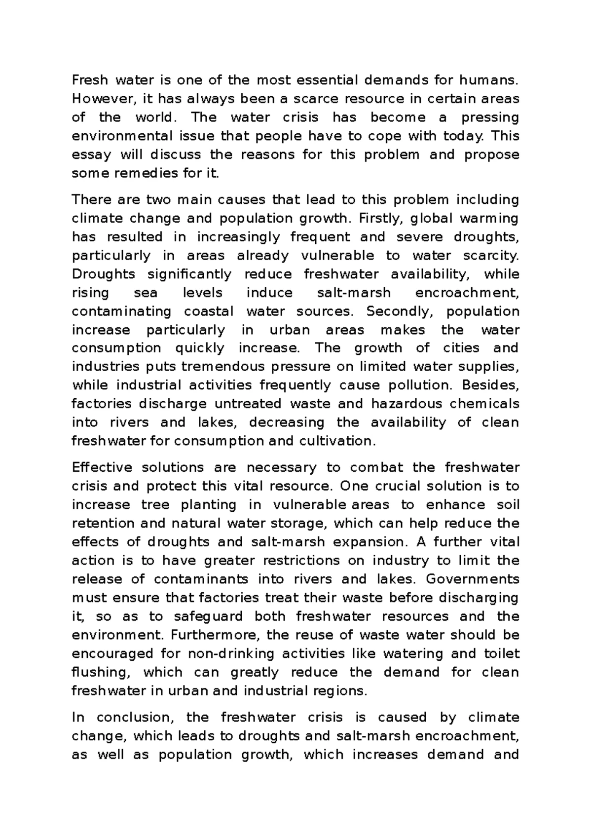 FL6052 - Essay on Causes and Solutions to Fresh Water Scarcity - Studocu