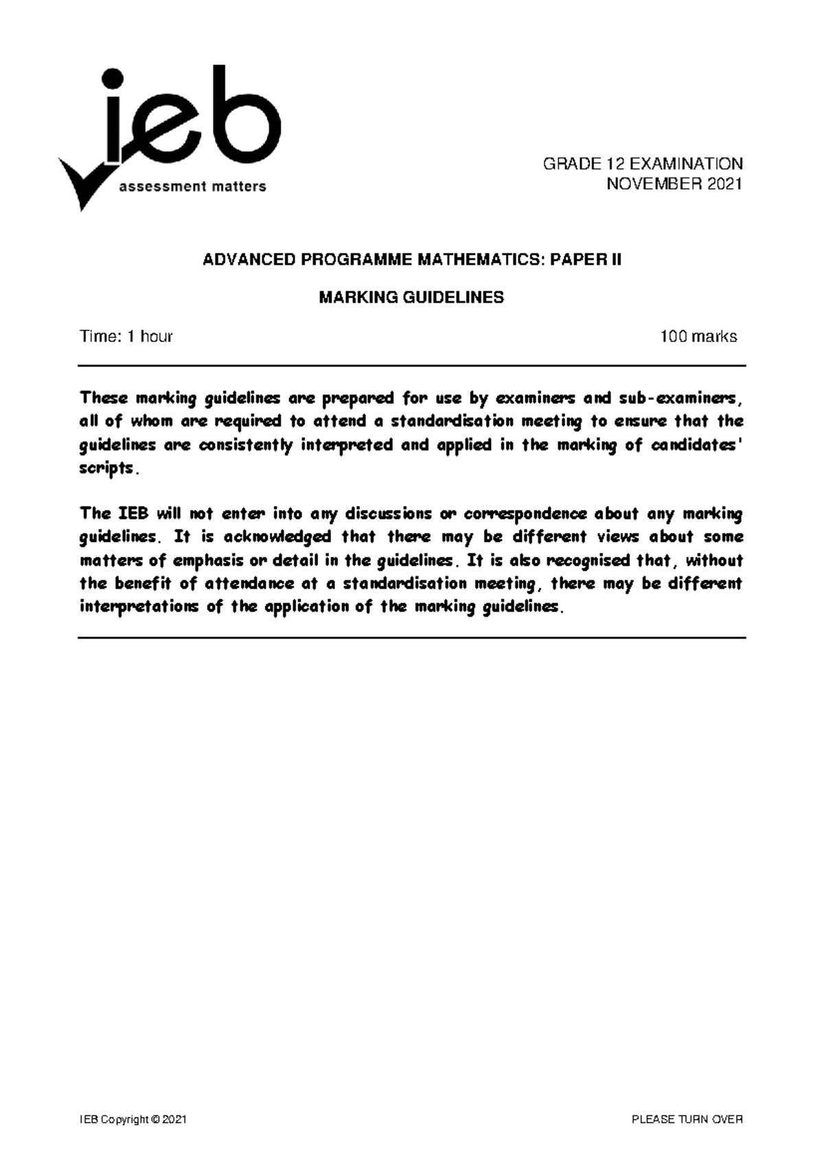 AP Maths P2 Memo 2021 - Marking Guidelines for Past Papers - Studocu