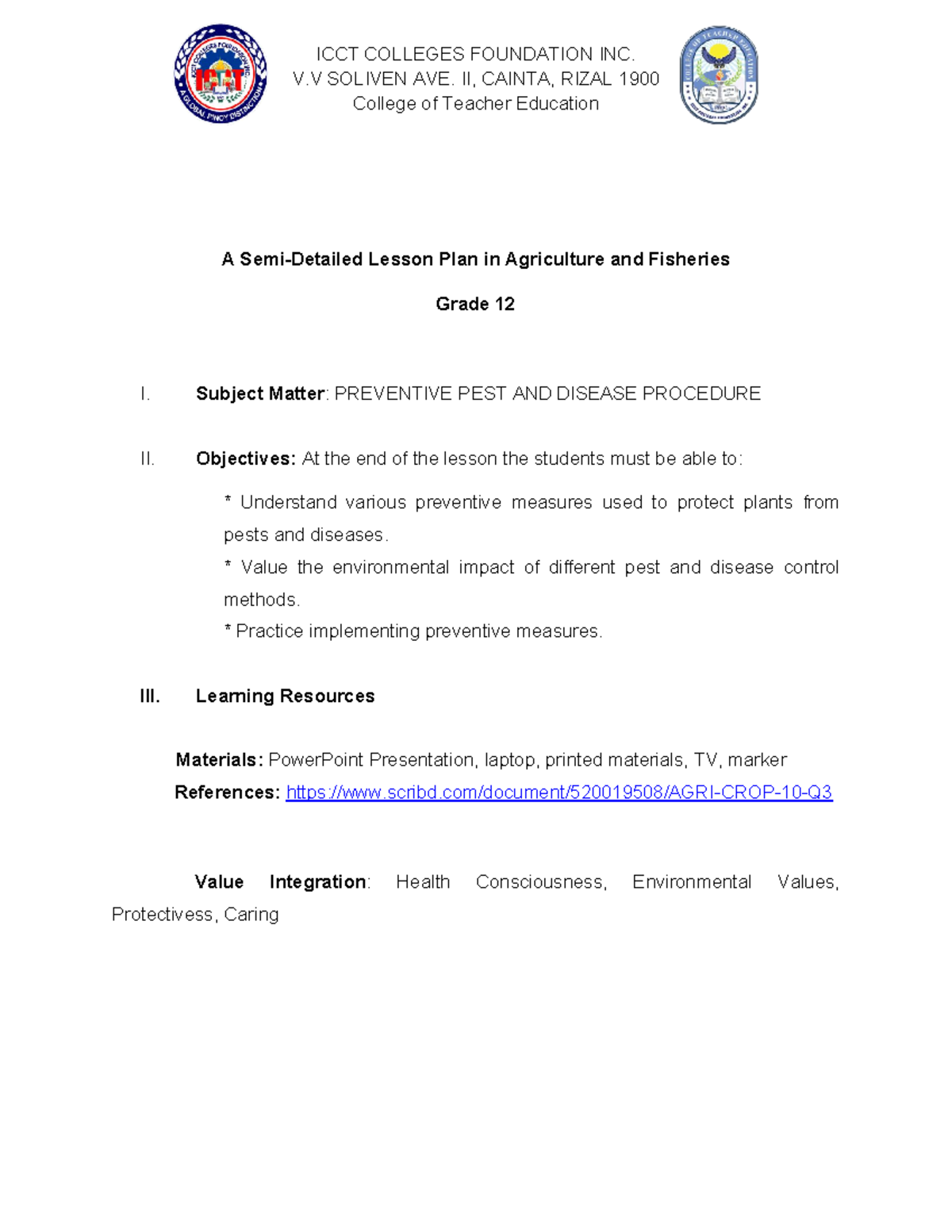 LP AGRI FH 4 - Semi-Detailed Lesson Plan for Pest Control Methods - Document Preview