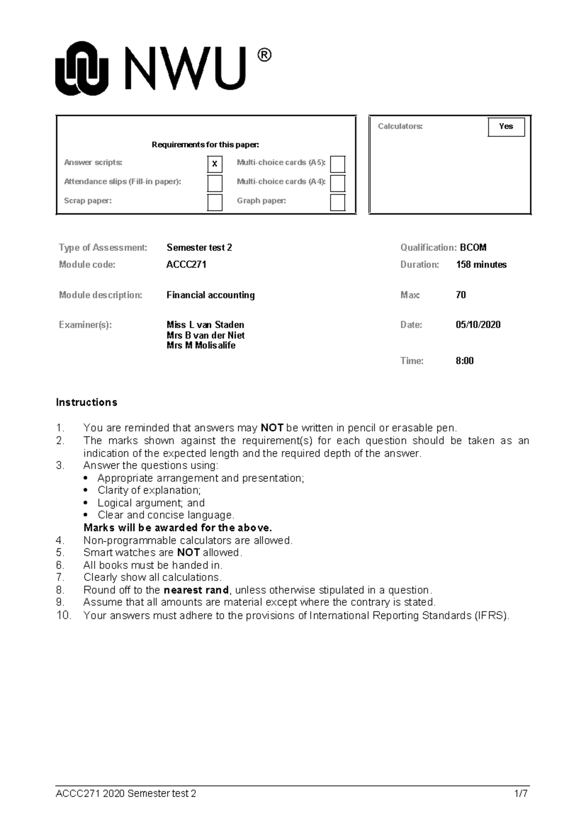 ACCC271+Semester+test+2 - Calculators: Yes Requirements for this paper ...