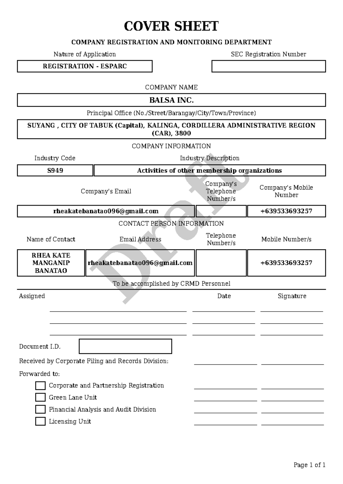 Cover Sheet - none - Page 1 of 1 COVER SHEET COMPANY REGISTRATION AND ...