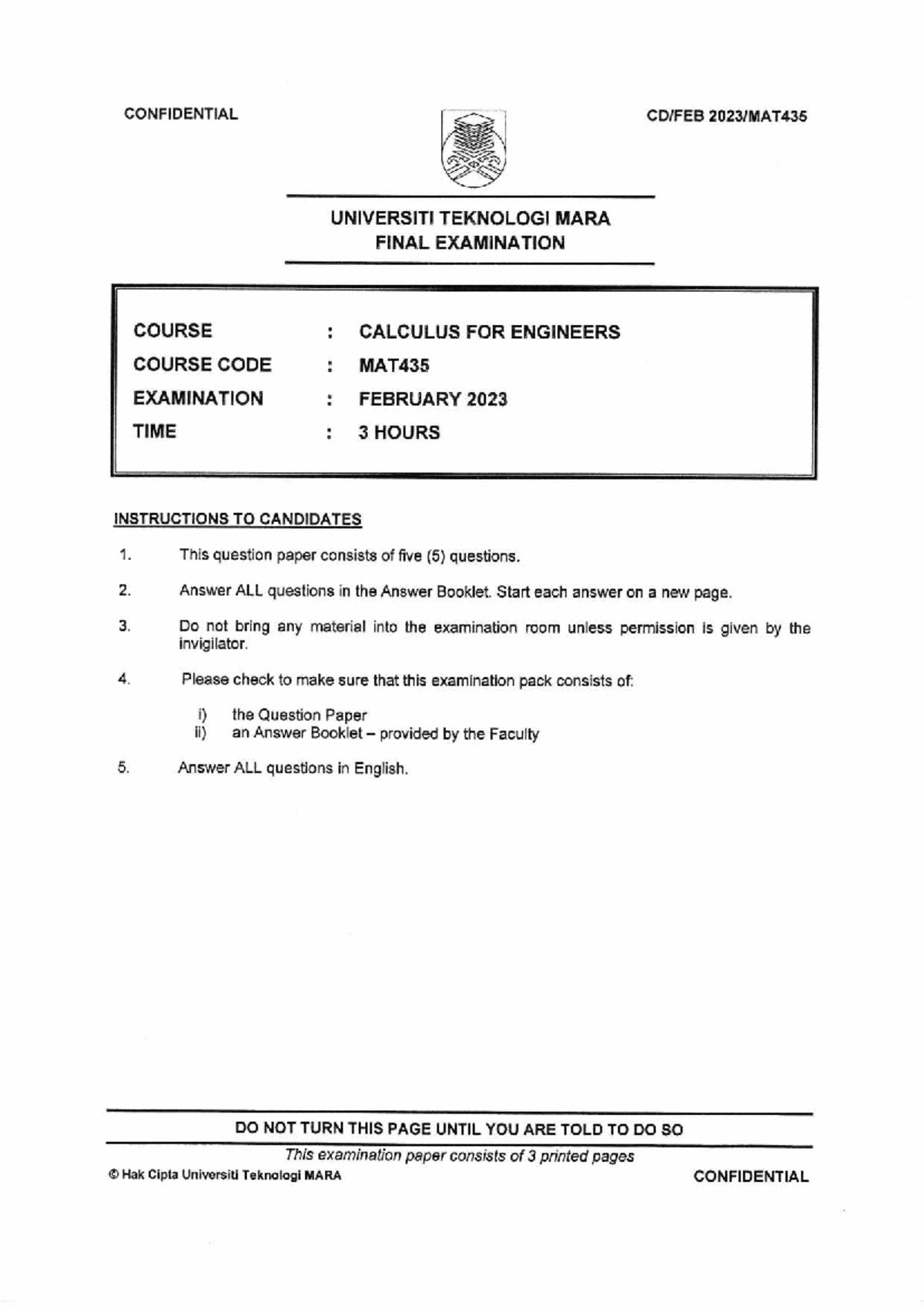 MAT435 Final Exam - Calculus for Engineers February 2023 - Studocu