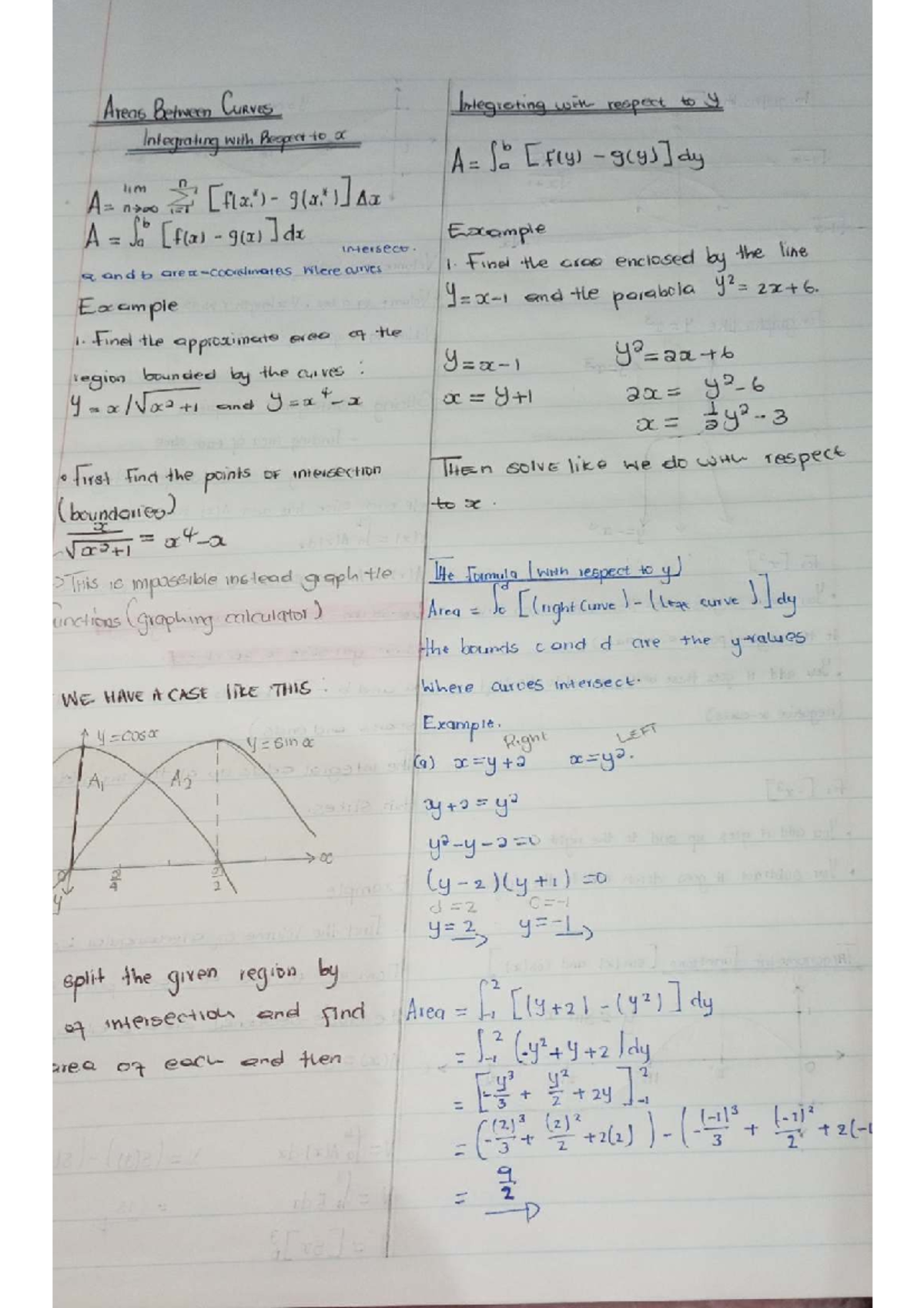 Area Between Curves: Integrating w.r.t. x and y - Calculus Notes - Studocu