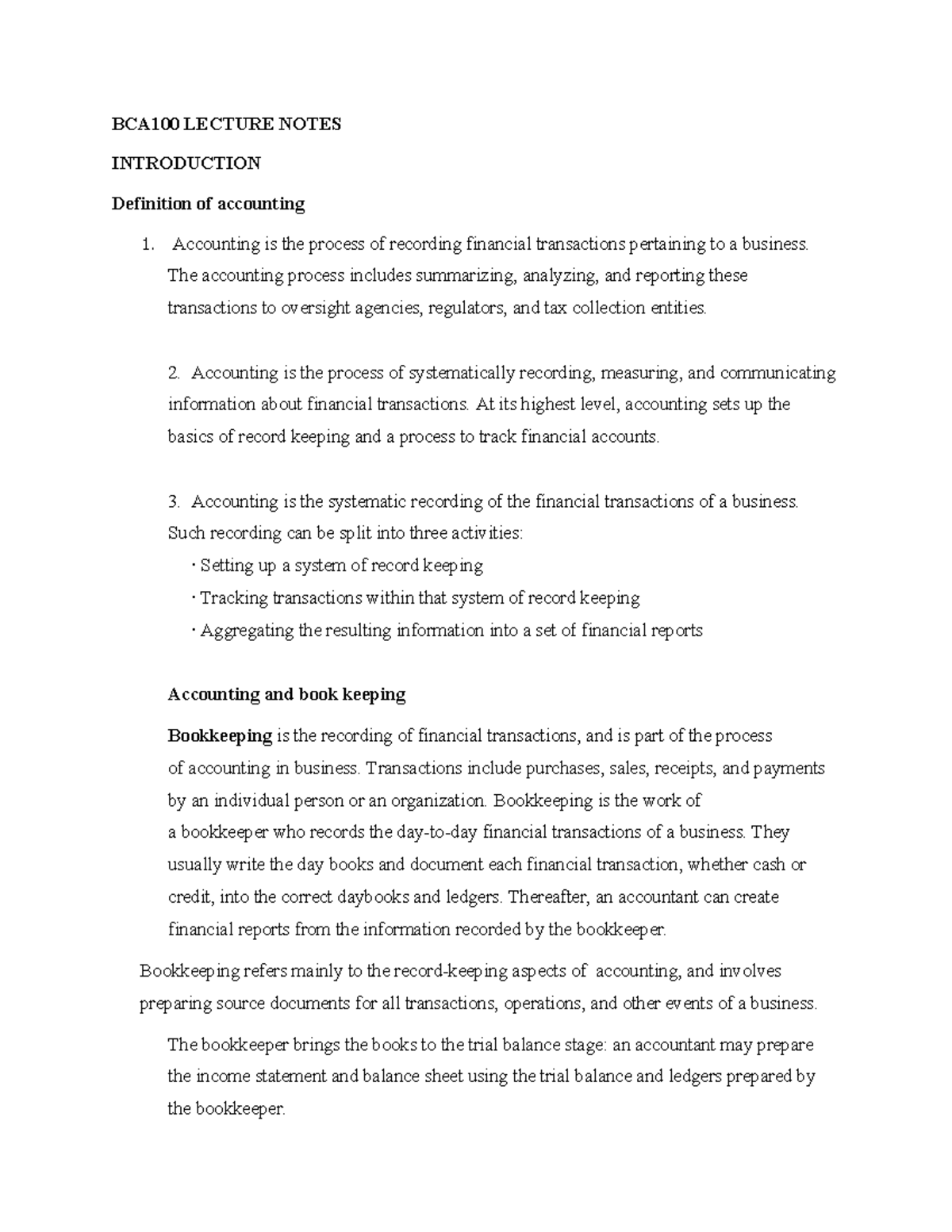 BCA100 LECTURE 1 NOTES: Introduction to Accounting Concepts - Studocu