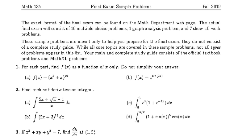 Math 135 Final Exam Sample Problems - Fall 2019 - Studocu