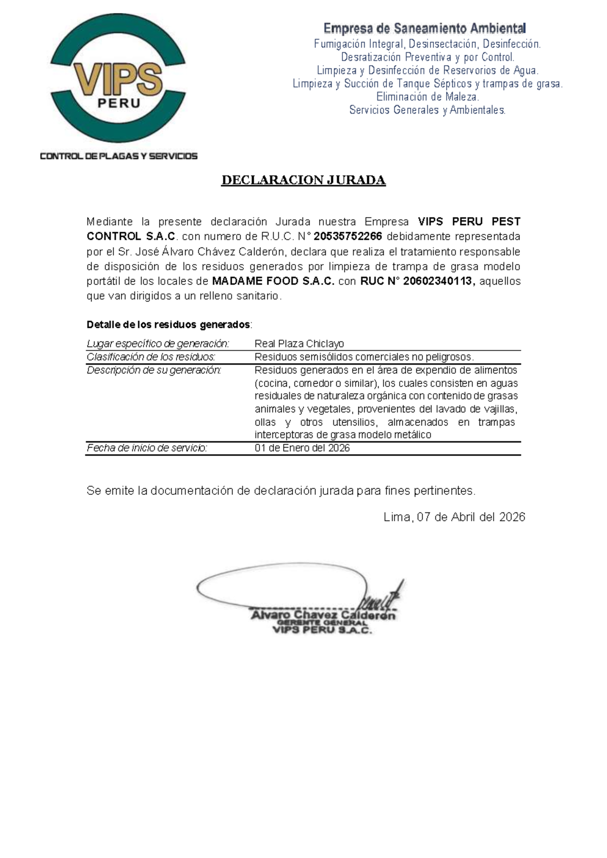 DJ RP Chiclayo 2026 - Declaración Jurada de Servicios Ambientales - Studocu