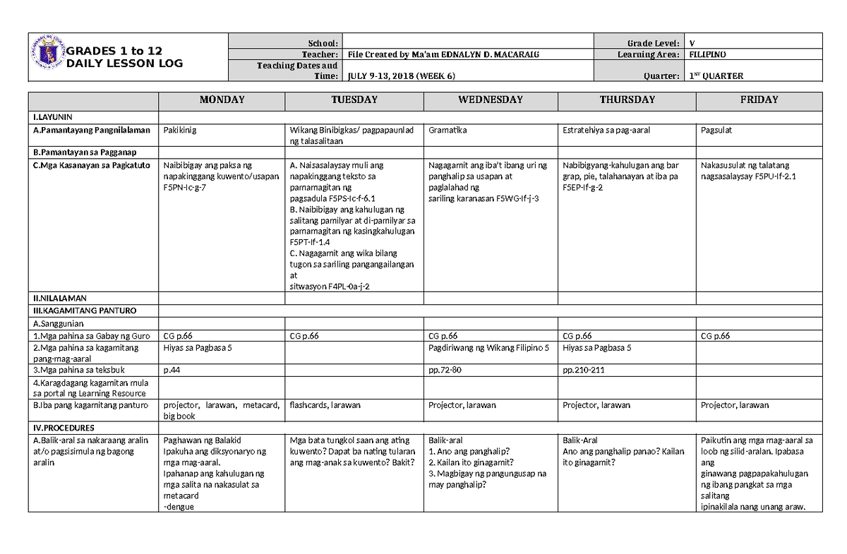 DLL Filipino 5 Q1 W6 - Daily Lesson Log (July 9-13, 2018) - Studocu