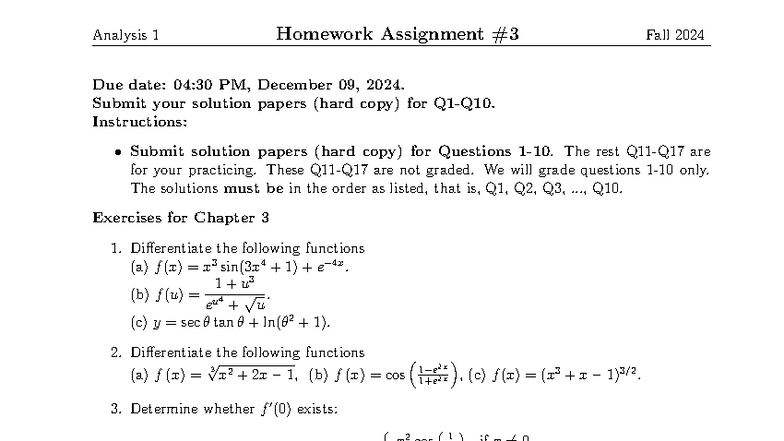 Analysis 1 Homework Assignment 3 - Due Dec 09, 2024 - Studocu