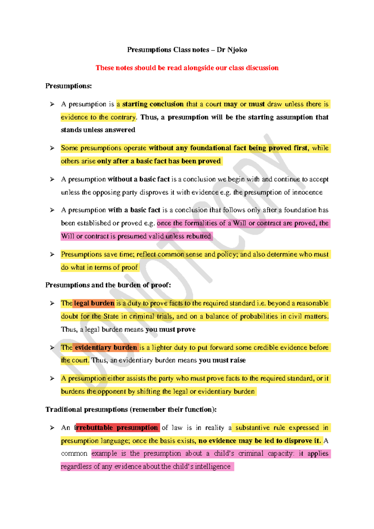 Presumptions Class Notes - Dr. Njoko (Legal Concepts Overview) - Studocu