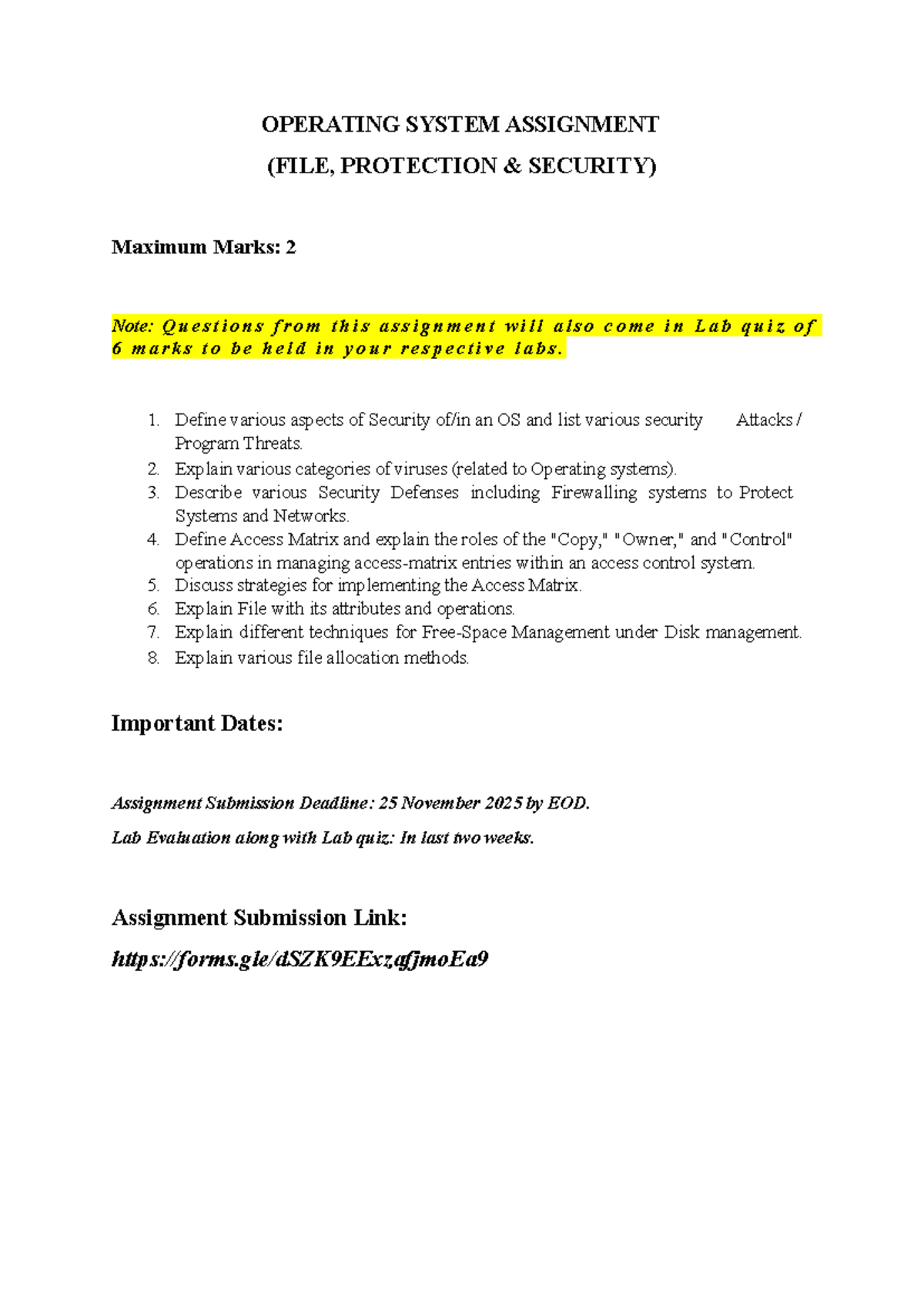 OS Assignment: File Protection & Security (Max Marks: 2) - Studocu