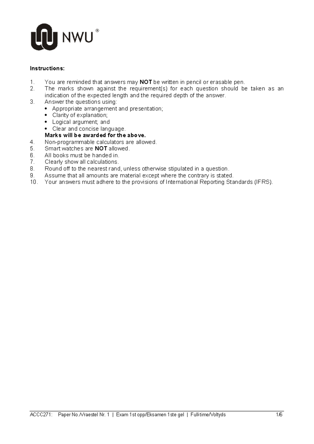 ACCC271 2019 First Opportunity Exam Instructions and Questions - Studocu