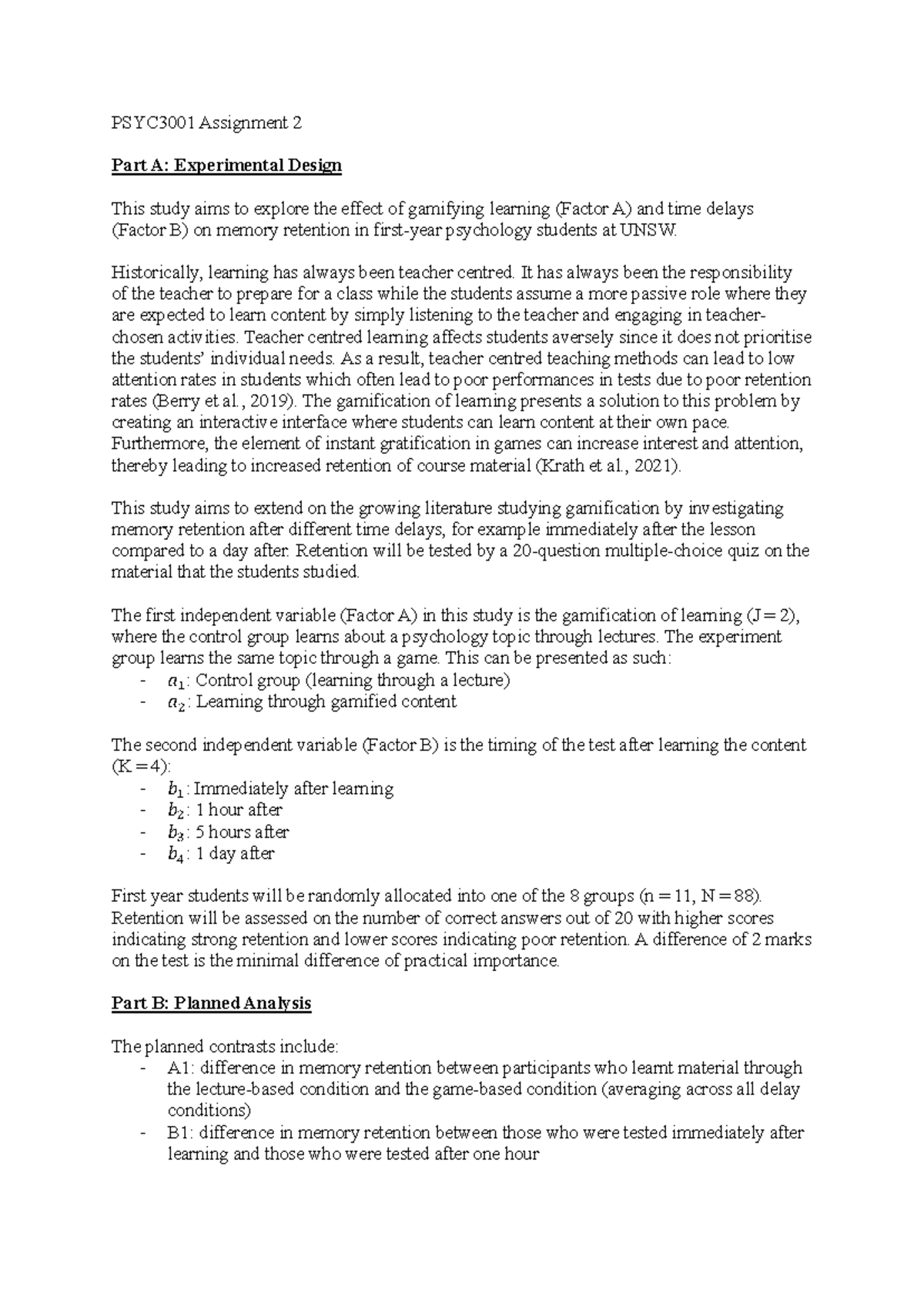 PSYC3001 Assignment 2: Impact of Gamification on Memory Retention - Studocu